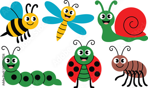 Cute Cartoon Insects Collection On White Background