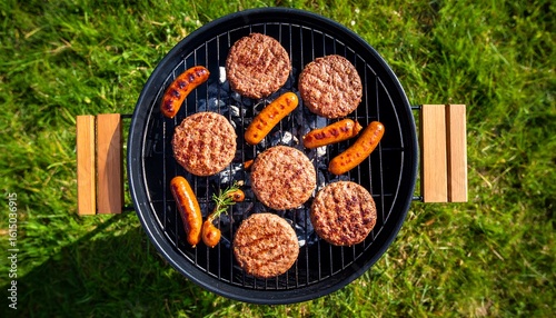 Grilled burgers and sausages on a barbecue