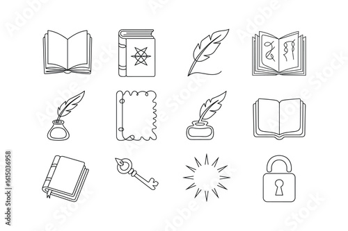 Open books closed books quill pen inkwell key lock starburst and decorative paper
