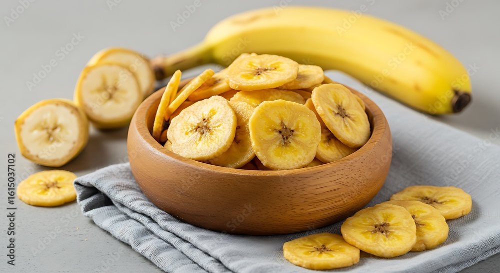 Banana chips in wooden bowl with fresh banana on gray background Banana chips in wooden bowl with fresh banana on gray background