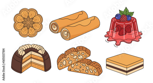 An assortment of delicious baked goods and desserts including cakes pastries cookies and jellies
