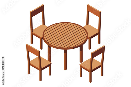 Isometric round table and four chairs. Wooden round table and chairs. Isometric dining room furniture. Isometric furniture