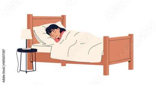 A person sleeping peacefully in bed next to a nightstand with a lamp illuminating the room gently