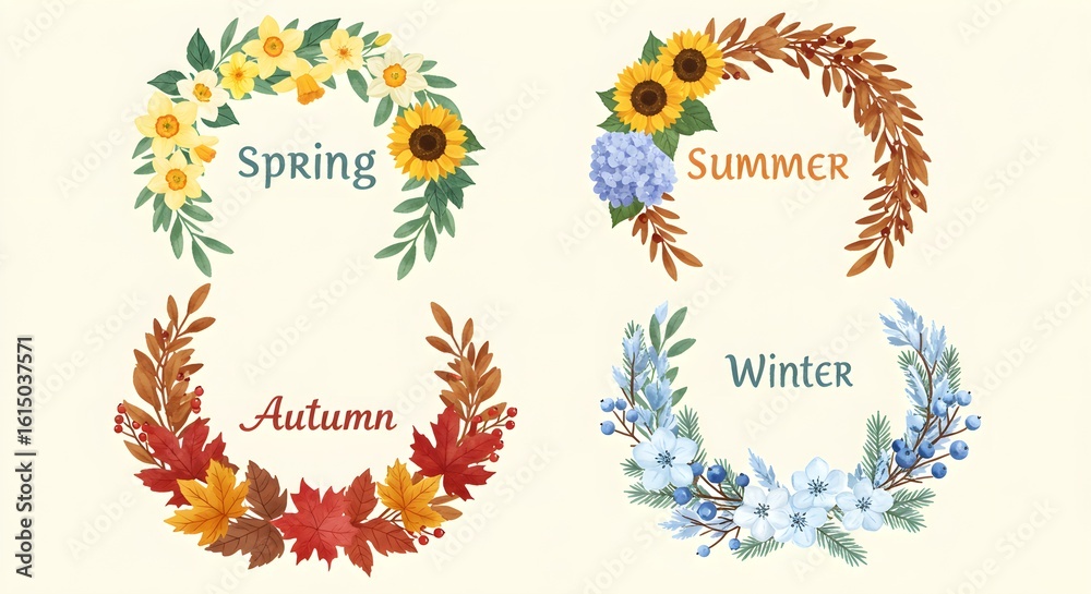 Four seasons wreaths collection showcases florals; for cards, web use, design, invitations, celebrations, marketing materials, greetings, posters, graphic design. Four seasons wreaths collection showcases florals; for cards, web use, design, invitations, celebrations, marketing materials, greetings, posters, graphic design.