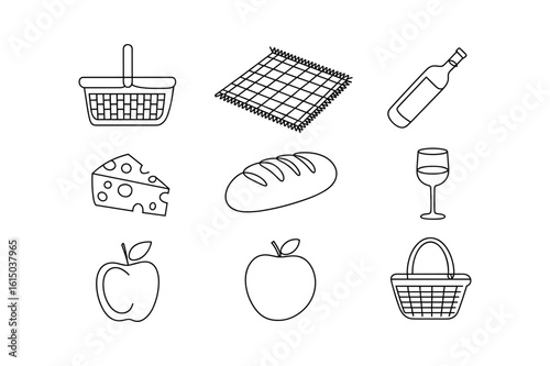 Picnic basket wine cheese bread apples checkered blanket glass wine bottle cheese wedge