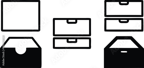 Black and white icons of storage containers and drawers office vector bundle collection set pack object template elements icons clipart illustration editable flat minimal modern banner poster object
