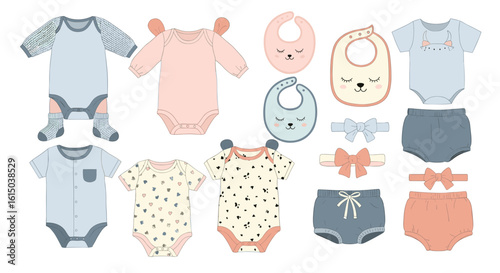 Adorable collection of baby clothes including bodysuits bibs and bloomers for everyday wear