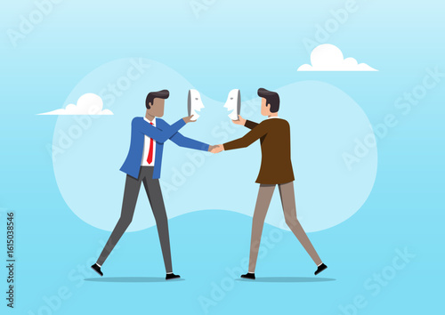 two businessmen shaking hands while exchanging masks