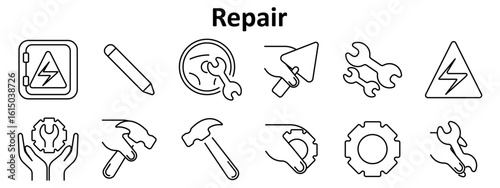 Repair set icon. Includes electric box, pencil, wrench on disc, trowel in hand, tool pair, warning sign, gear in hands, hammer, gear in hand, settings gear, wrench tool.