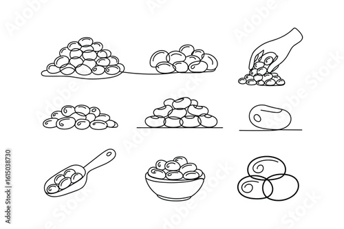 Piles of beans and a scoop of beans bowl hand