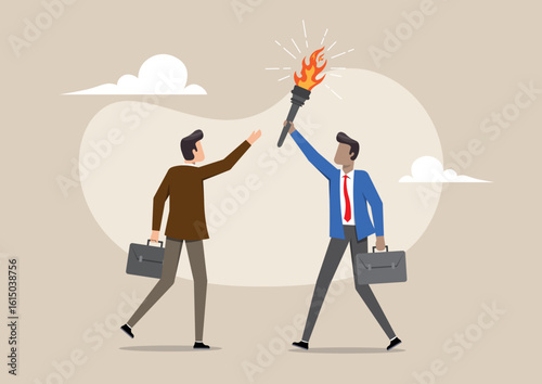 A businessman passing a lit torch to another businessman