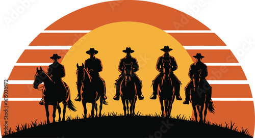 Five cowboys on horseback silhouetted against a sunset