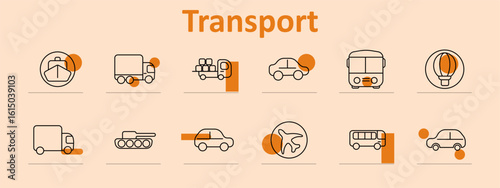 Transport set icon. Ship, truck, delivery truck with boxes, car, bus, hot air balloon, armored truck, tank, car with stripe, airplane, minibus, van.