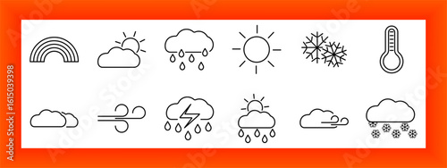 Weather set icon. Cloud, sun, rain, snowflake, rainbow, thermometer, wind, lightning, and precipitation visuals with linear outline style for meteorological context.