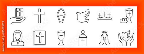 Religion set icon. Book with cross, coffin, praying hands, nun, dove, grave crosses, bread with chalice, person with robe, raised hands, and Bible outline appear in black line art