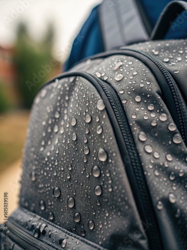 A close-up of a waterproof backpack covered in water droplets, showcasing material resilience and functionality in wet conditions.