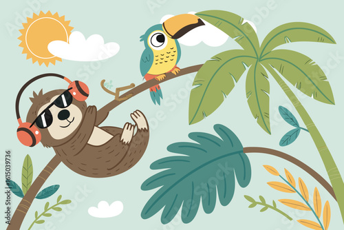Illustration of a sloth wearing headphones and sunglasses hanging from a tree with a toucan nearby