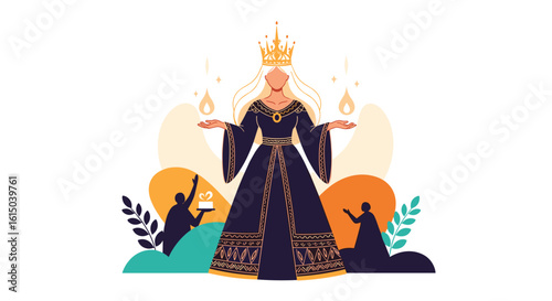 Majestic queen in regal attire presiding over a ceremonial gathering with awe-inspired subjects
