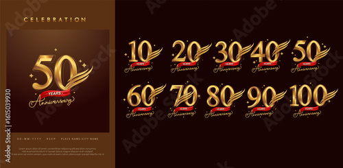 Elegant anniversary logo set featuring gold numbers with red ribbon and wing elements for 10 to 100 year celebrations. Perfect for corporate anniversaries, company milestones, event invitations.