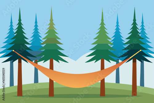 Orange hammock strung between pine trees in a serene forest landscape