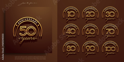Sets of Elegant gold anniversary logo with classic retro badge style. Includes 10th to 100th years. Perfect for luxury invitations, company milestones, or celebration branding. Editable vector.
