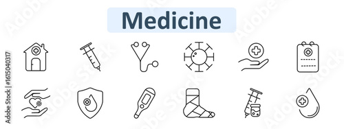 Medicine set icon. Black line art icons depict clinic, syringe, stethoscope, virus, clipboard, heart in hand, medical shield, thermometer, bandage, injection, drop with cross. Healthcare objects