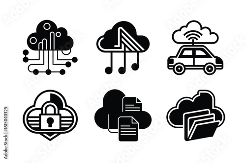 A set of modern black icons representing various cloud computing services, including data storage, network security, music streaming, and automotive connectivity.