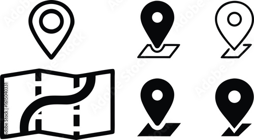 Black location pin icons and folded map illustration navigation travel vector bundle collection set pack object template elements icons clipart illustration editable flat minimal modern banner poster
