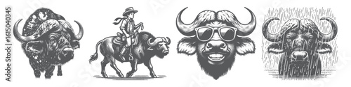 Vintage Hand-Drawn Buffalo Smile Collection Illustration, Friendly Wildlife Scene Engraved Style Vector for T-Shirts and Nature Themes Design