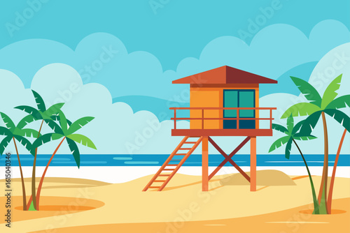Tropical beach scene with lifeguard tower and palm trees