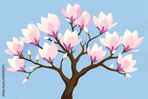 Pink magnolia tree blossoms against a clear blue sky