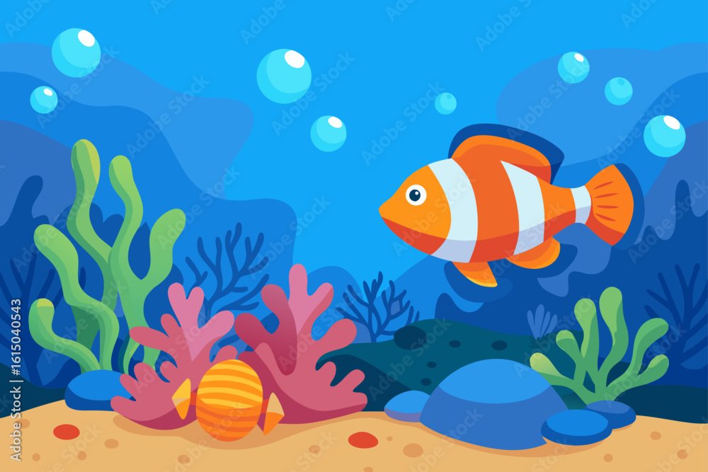Fototapeta premium Cute clownfish swims in a colorful coral reef with bubbles