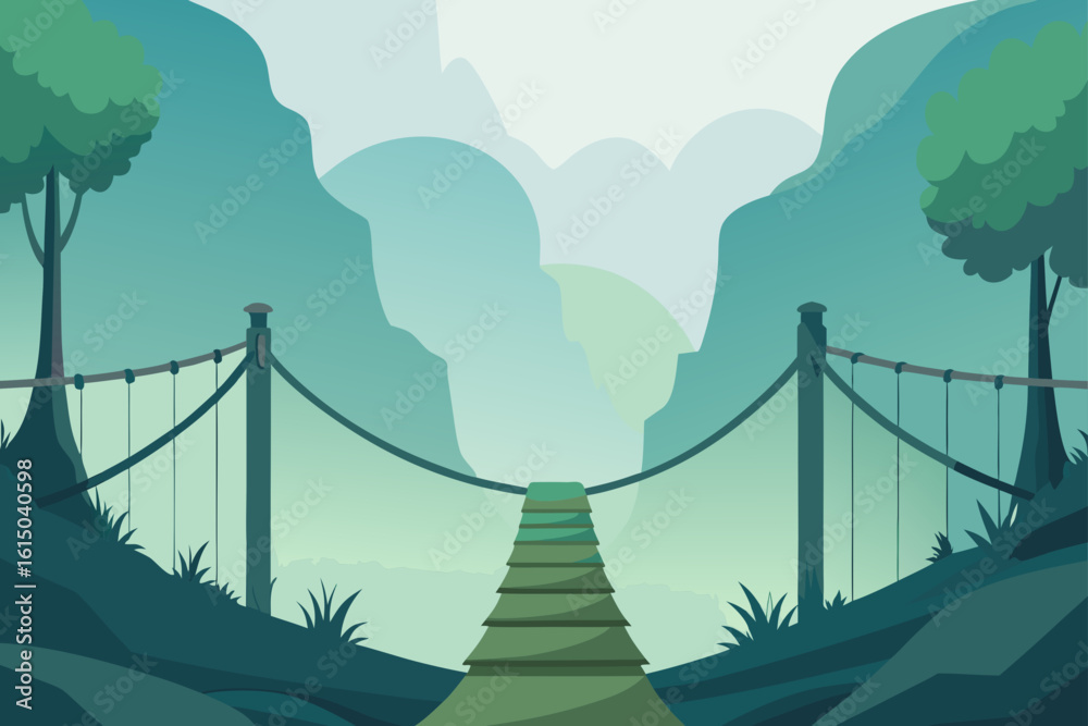 Fototapeta premium Suspension bridge leading through a misty mountain landscape
