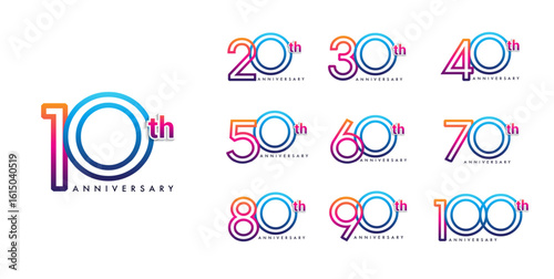 Sets of anniversary celebration logotype blue and red color from 10th to 100th. Modern, colorful, and clean design perfect for event branding, invitations, or social media. easy to customize.