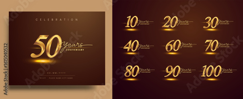 Set of anniversary logotype design with handwriting golden color includes 10th to 100th years for celebration event, wedding, greeting card, and invitation. Vector illustration.