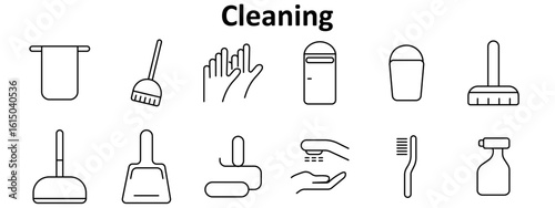 Cleaning set icon. Towel, broom, gloves, closed bin, open bin, flat brush, toilet brush, dustpan, bar soap, hand wash, scrubber, spray in black outline on white background.