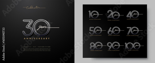 Minimalist anniversary logo set with elegant black and gold style. Includes 10th to 100th years celebration number. Perfect for event branding, invitations, or business milestones.