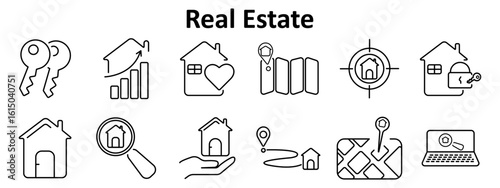 Real estate set icon. Includes house with key, growth arrow, heart, map pin, magnifier, laptop, navigation line, map tiles, open lock, hand holding home