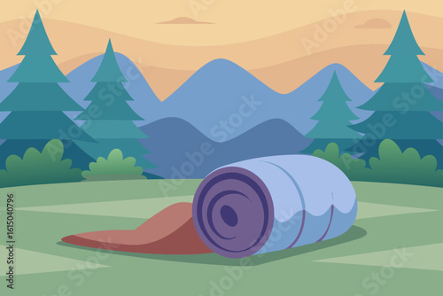 Rolled sleeping bag on a campsite with mountains and trees