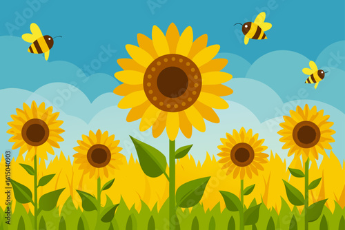 Cute cartoon bees flying around a field of sunflowers under a blue sky with clouds