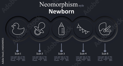 Newborn set icon. Rubber duck, pacifier, baby bottle, triangular banner, stroller in neomorphism style with dark soft circular interface