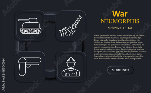 War set icon. Tank with cannon, missile hitting ground, handgun with trigger, soldier wearing helmet depicted with white lines on soft-edged dark square backgrounds
