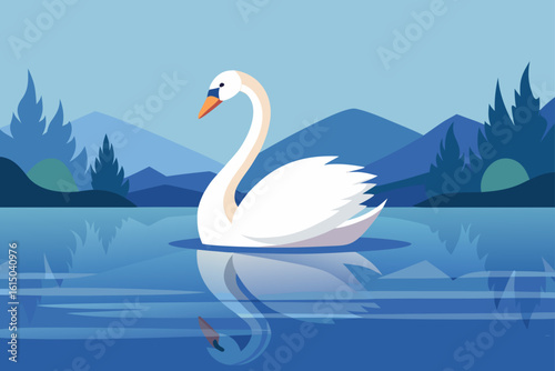 Elegant white swan gracefully swimming on a calm blue lake with mountains and trees in the background