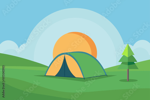 Green and orange tent pitched in a grassy field with a tree and sun