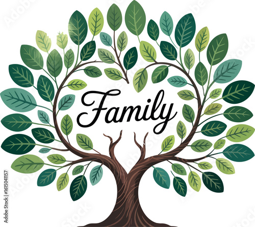 A stylized family tree illustration with green leaves and the word family in cursive font