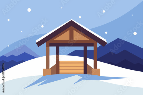Wooden gazebo on a snowy hill with mountains and falling snow