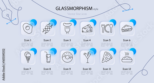 Food and drink set icon. Shows egg, sausage, cheese, sandwich, donut, pizza, soda, utensils, ice cream, and cocktail with clear linework on translucent squares