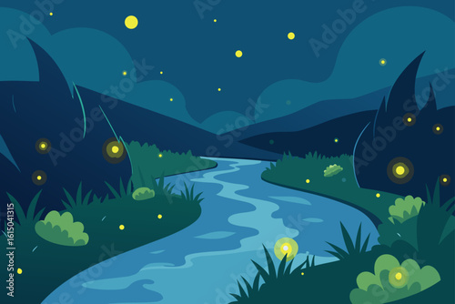 Enchanting night landscape with a winding river and glowing fireflies