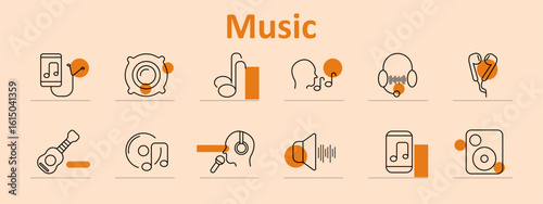 Music set icon. Includes smartphone, headset, speaker, earbud, guitar, person, microphone, audio wave, and playback interface icons styled with linear lines and orange detail shapes