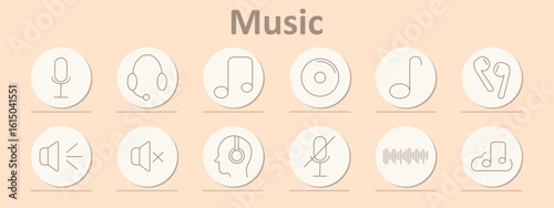 Music set icon. Microphones, headphones, earphones, notes, records, mute, volume, soundwave, streaming, listening, singing displayed with thin linear outline